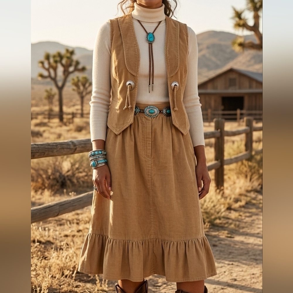 Vintage 70s Corduroy Set Western Revival Co-ord Prairie Ruffle Midi Skirt & Vest